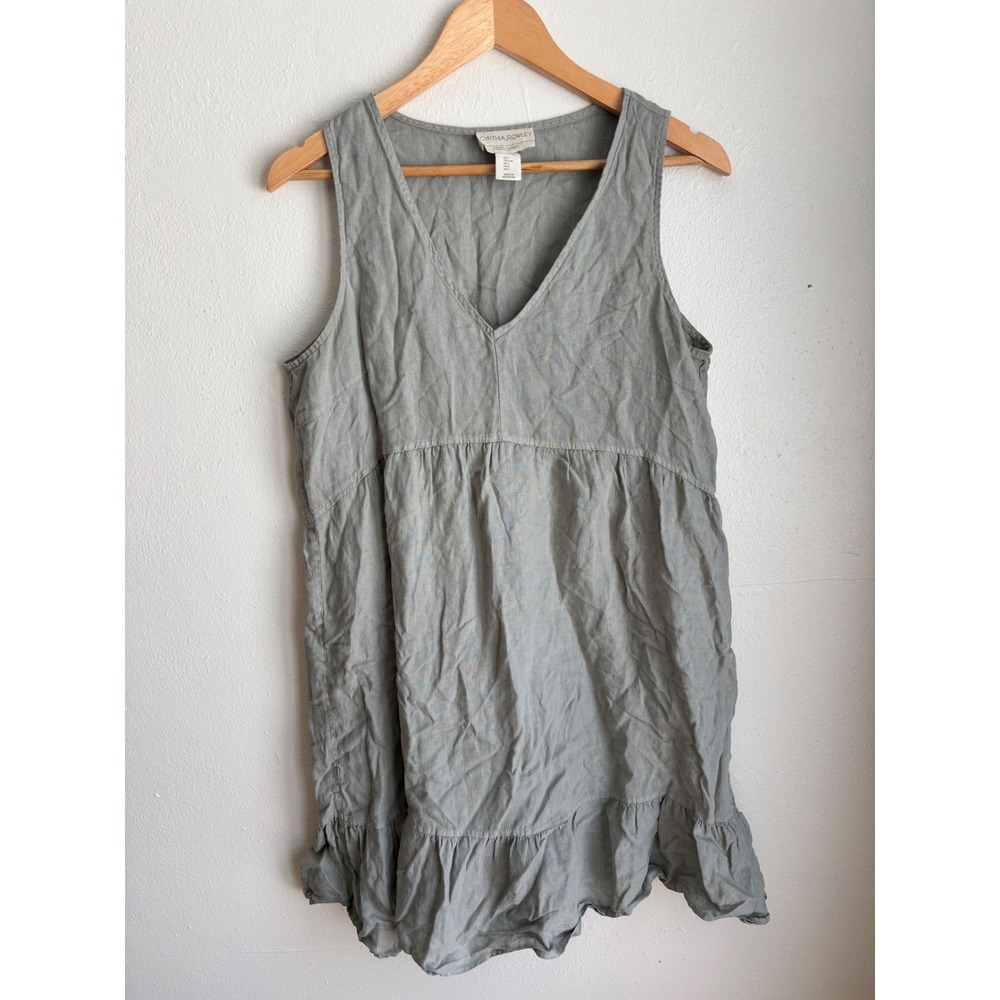 Cynthia Rowley Womens Large Sage Green 100% Linen V-Neck Ruffle Babydoll Dress‎